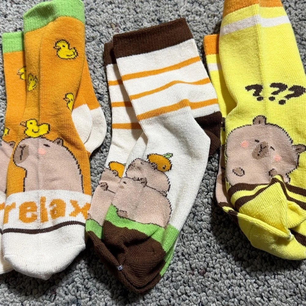 Boxed Set 5 Kids Striped Capybara Themed Socks Yellow Brown Orange Green NEW
